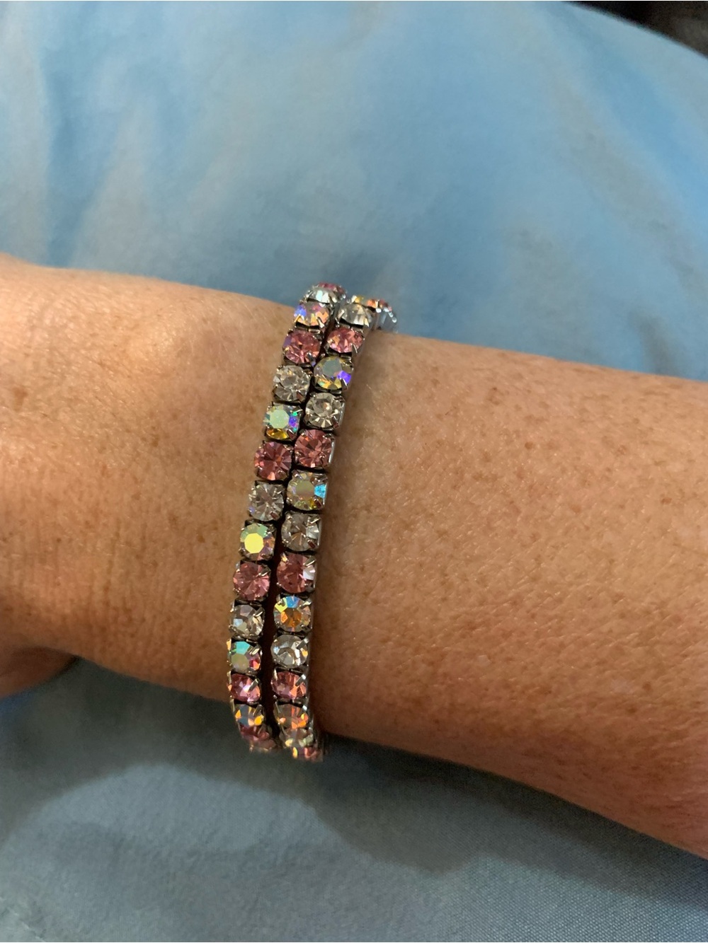 Set of 2 Vintage Pink & Iridescent Crystal Stretch Tennis Bracelets